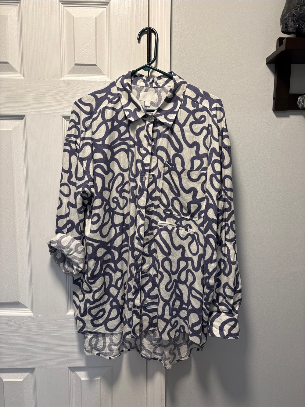 Women's Button-Up Tunic Top - White with Navy Abstract Print